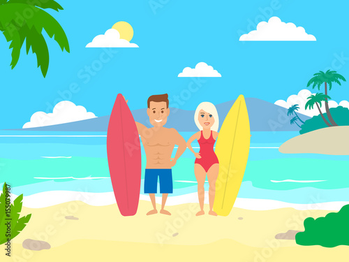 surfers couple on the tropical beach
