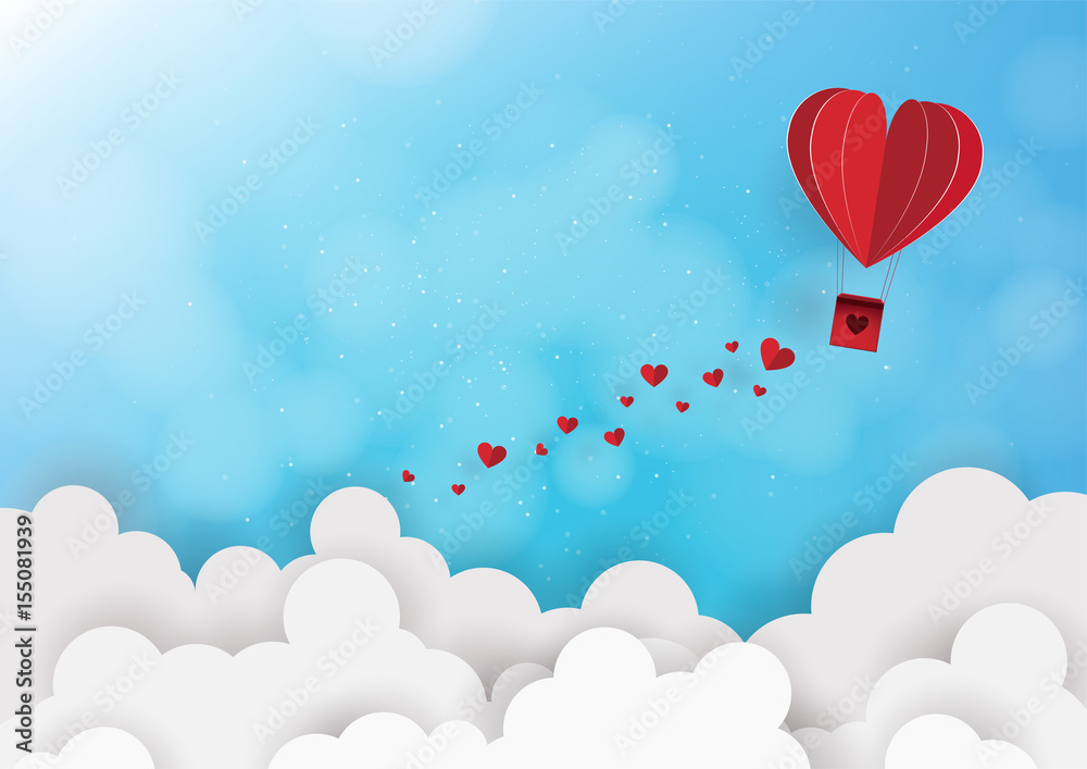 Illustration of love and valentine day,Origami made hot air balloon flying. Vector illustration