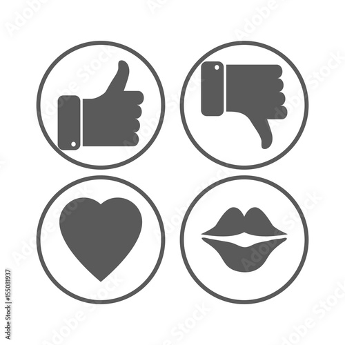 Thumb up and down, heart, lips gray icons