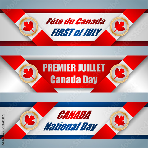Set of web banners with texts and Canadian flag, for first of July, Canada national day, celebration; Vector illustration
