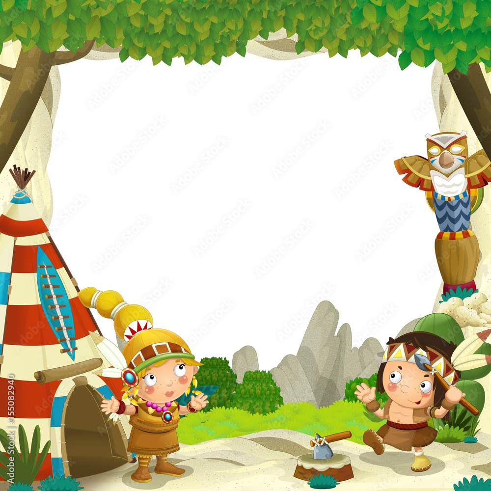 Obraz premium Cartoon frame for different usage native american characters husband with a spear and wife standing near the tee pee