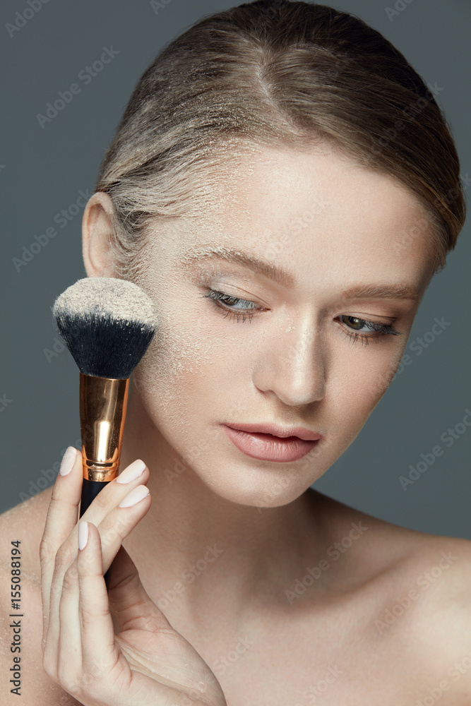 Beauty Face. Beautiful Female With Makeup Powder And Brush Beauty Face. Beautiful Female With Makeup Powder And Brush