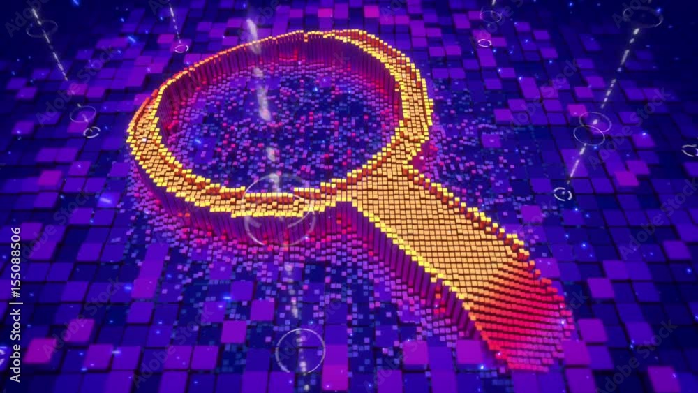Pixels Magnified Camera flies over cubic pixels as they form an icon of magnifying glass ...