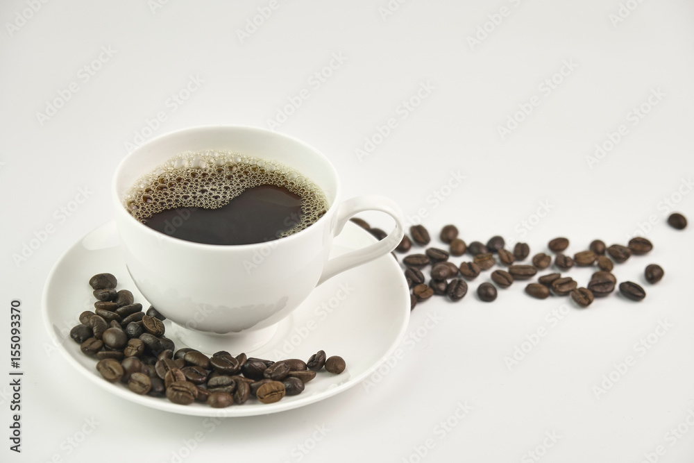 white coffee cup with coffee and beans with smoke on isolated white background white coffee cup with coffee and beans with smoke on isolated white background