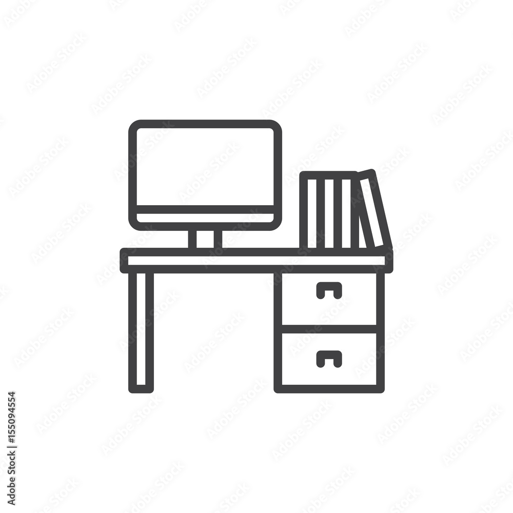 Office desk line icon, outline vector sign, linear style pictogram isolated on white. Workplace symbol, logo illustration. Editable stroke. Pixel perfect Office desk line icon, outline vector sign, linear style pictogram isolated on white. Workplace symbol, logo illustration. Editable stroke. Pixel perfect