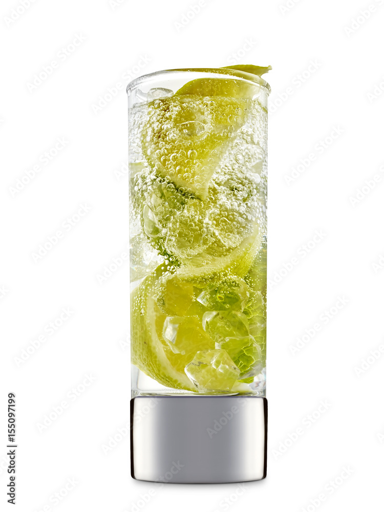 fresh fruit alcohol cocktail or mocktail in shot glass with ice cubes, lime and mint isolated on white background fresh fruit alcohol cocktail or mocktail in shot glass with ice cubes, lime and mint isolated on white background