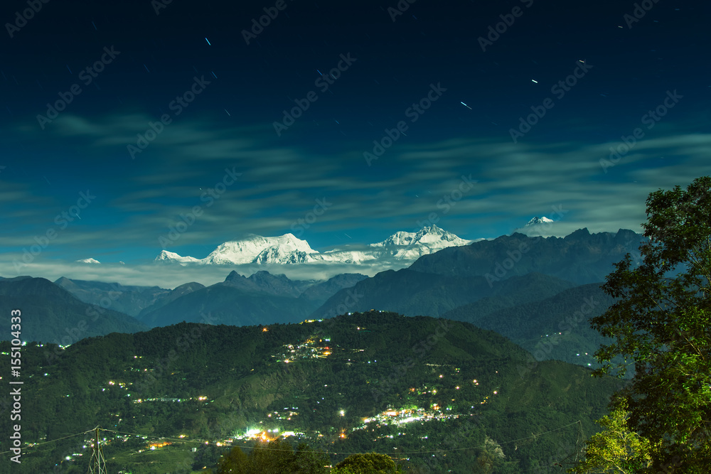 Moon lit Kanchenjungha mountain range, Sikkim, India