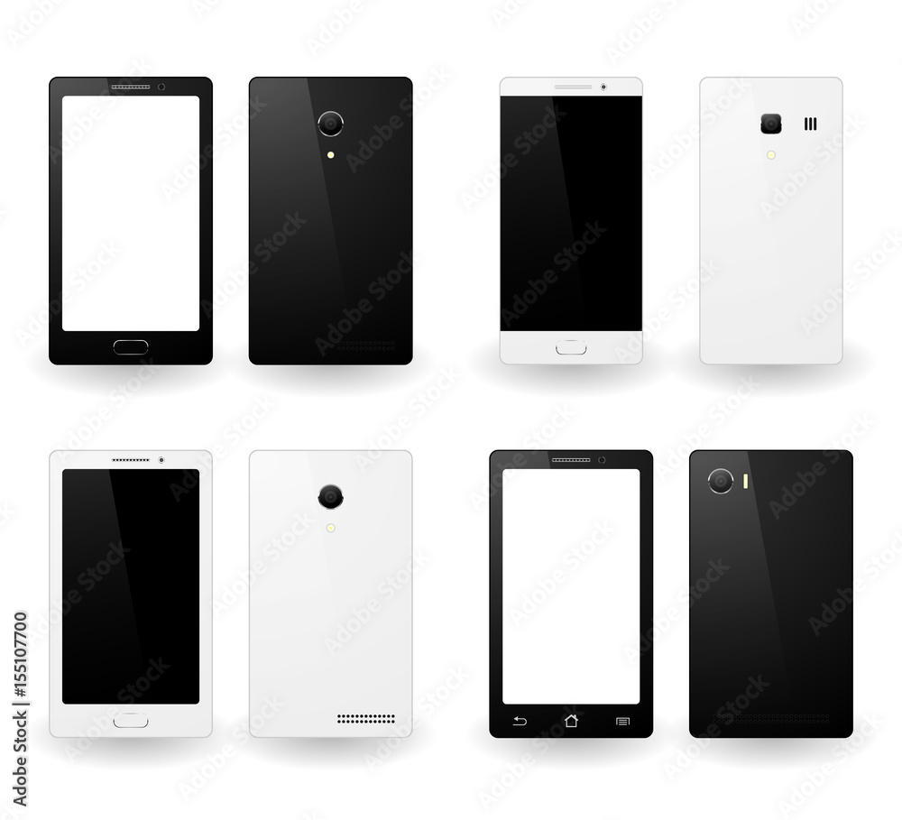 Smartphones on white background, mobile phones isolated with touchscreen. Cell phones mockup design. Smartphones on white background, mobile phones isolated with touchscreen. Cell phones mockup design.