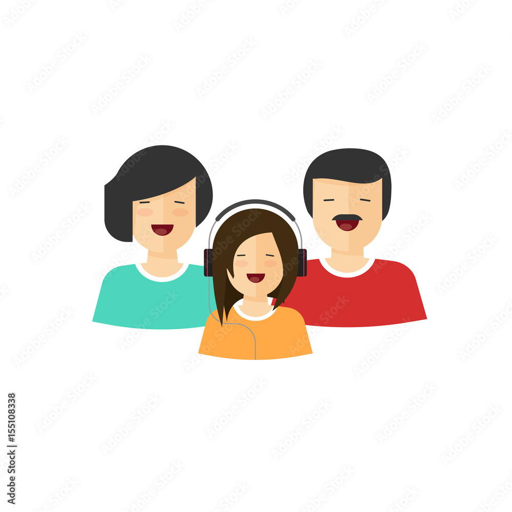 Happy family portrait view vector illustration, flat cartoon mother father and daughter characters with smiling faces, parents and child laughing Happy family portrait view vector illustration, flat cartoon mother father and daughter characters with smiling faces, parents and child laughing