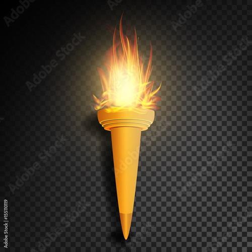 Torch With Flame. Burning In The Dark Transparent Background Realistic Torch With Flame. Vector Illustration