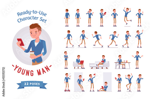 Ready-to-use young man character set, various poses and emotions