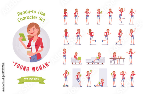 Ready-to-use young woman character set, various poses and emotions