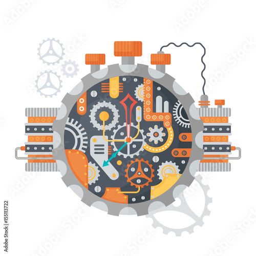 Steampunk vintage Cogs and clock face of watches isolated on white. Vector illustration.
