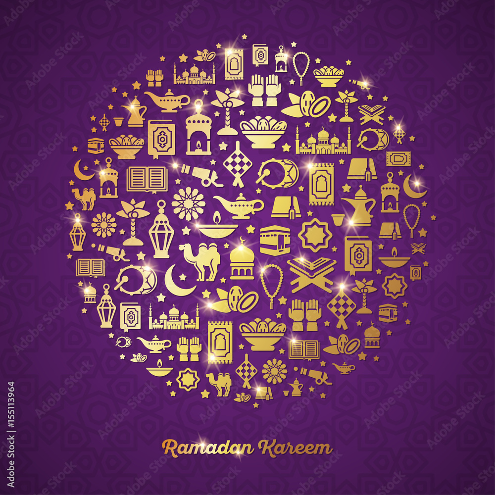 Ramadan Kareem concept with gold icons in circle Ramadan Kareem concept with gold icons in circle