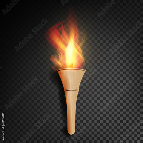 Torch With Flame. Burning In The Dark Transparent Background Realistic Torch With Flame. Vector Illustration