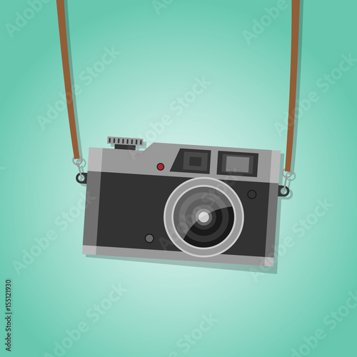 Hanging vintage camera - green background. Vector.