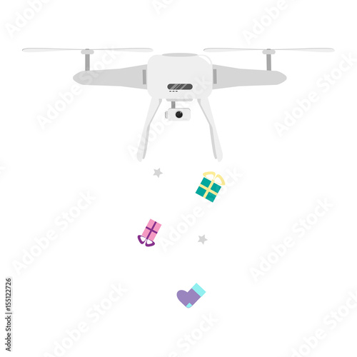 Air drone carrying New Year, Christmas or birthday gift boxes.
