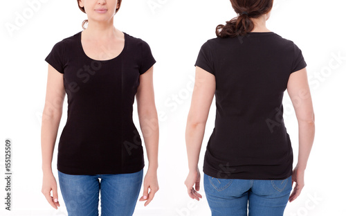 Shirt design and people concept - close up of woman in blank black t-shirt front isolated. Clean empty mock up template for design.