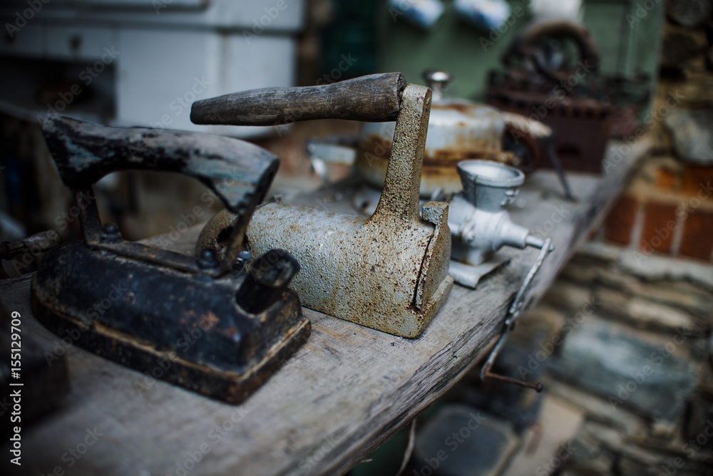 close up on old vintage iron in workshop