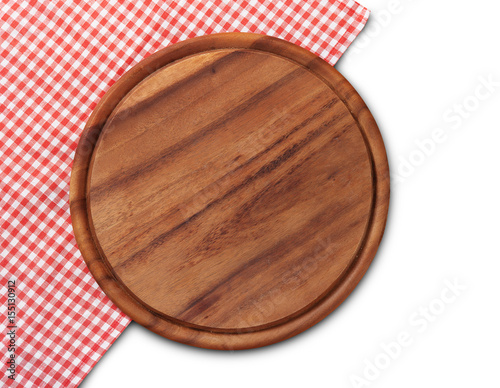 Pizza board, napkin with shadow isolated. Top view mockup