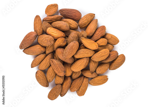 Almonds on a white background. Top view
