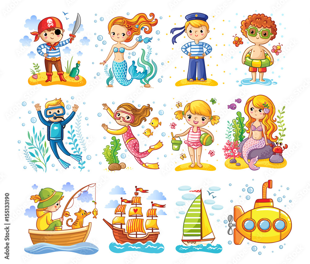 Vector set on a sea theme. A collection of children in cartoon style. Vector set on a sea theme. A collection of children in cartoon style.