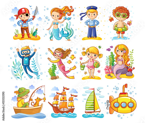 Vector set on a sea theme. A collection of children in cartoon style.