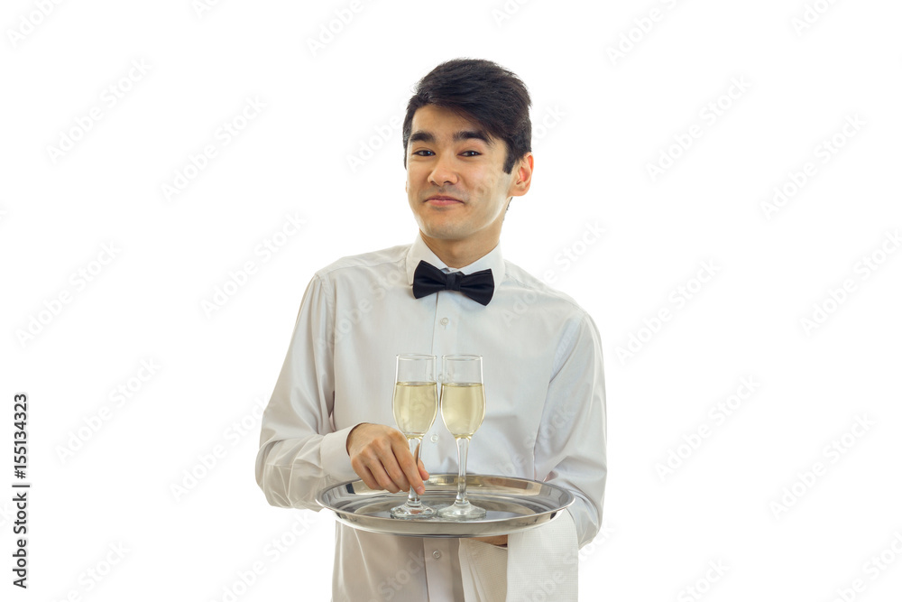beautiful funny waiter shirt holding a tray with glasses and smiling beautiful funny waiter shirt holding a tray with glasses and smiling