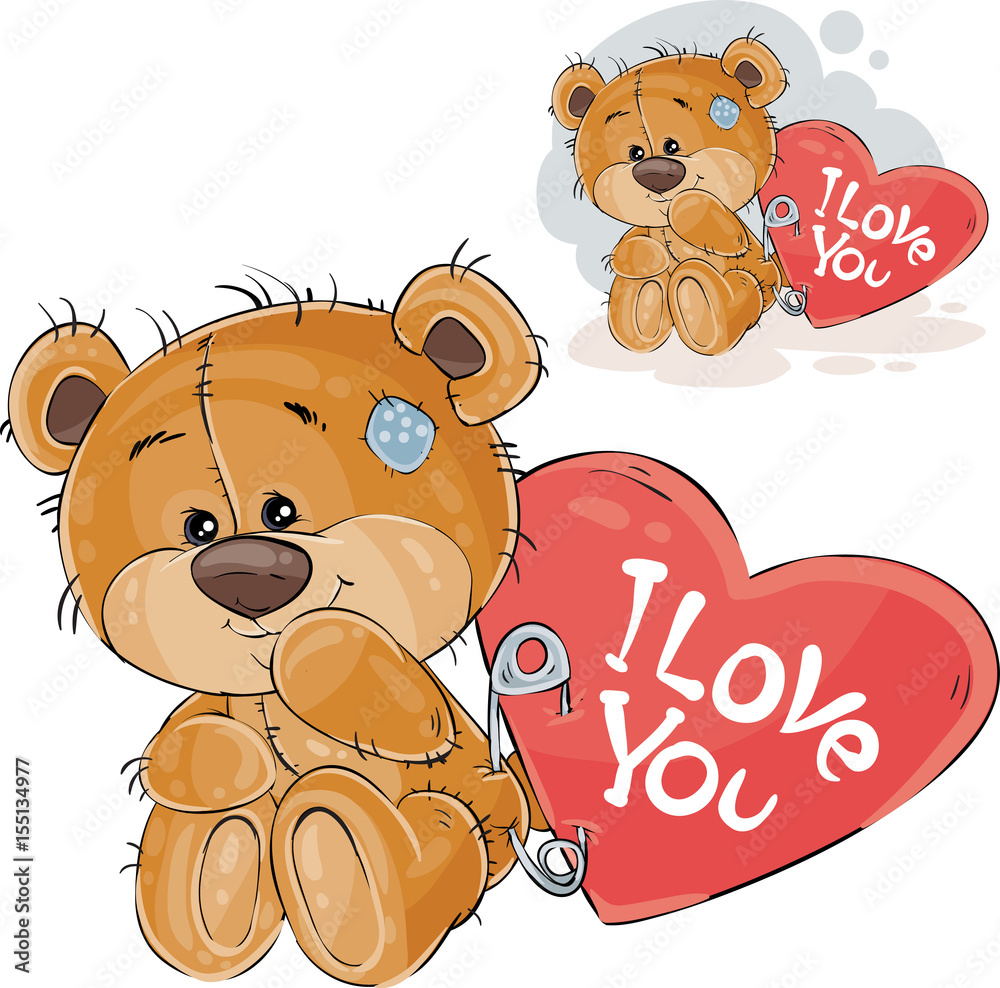 Fototapeta premium Vector illustration of a loving brown teddy bear sitting with a red heart pinned to it with the inscription I Love You. Print, template, design element