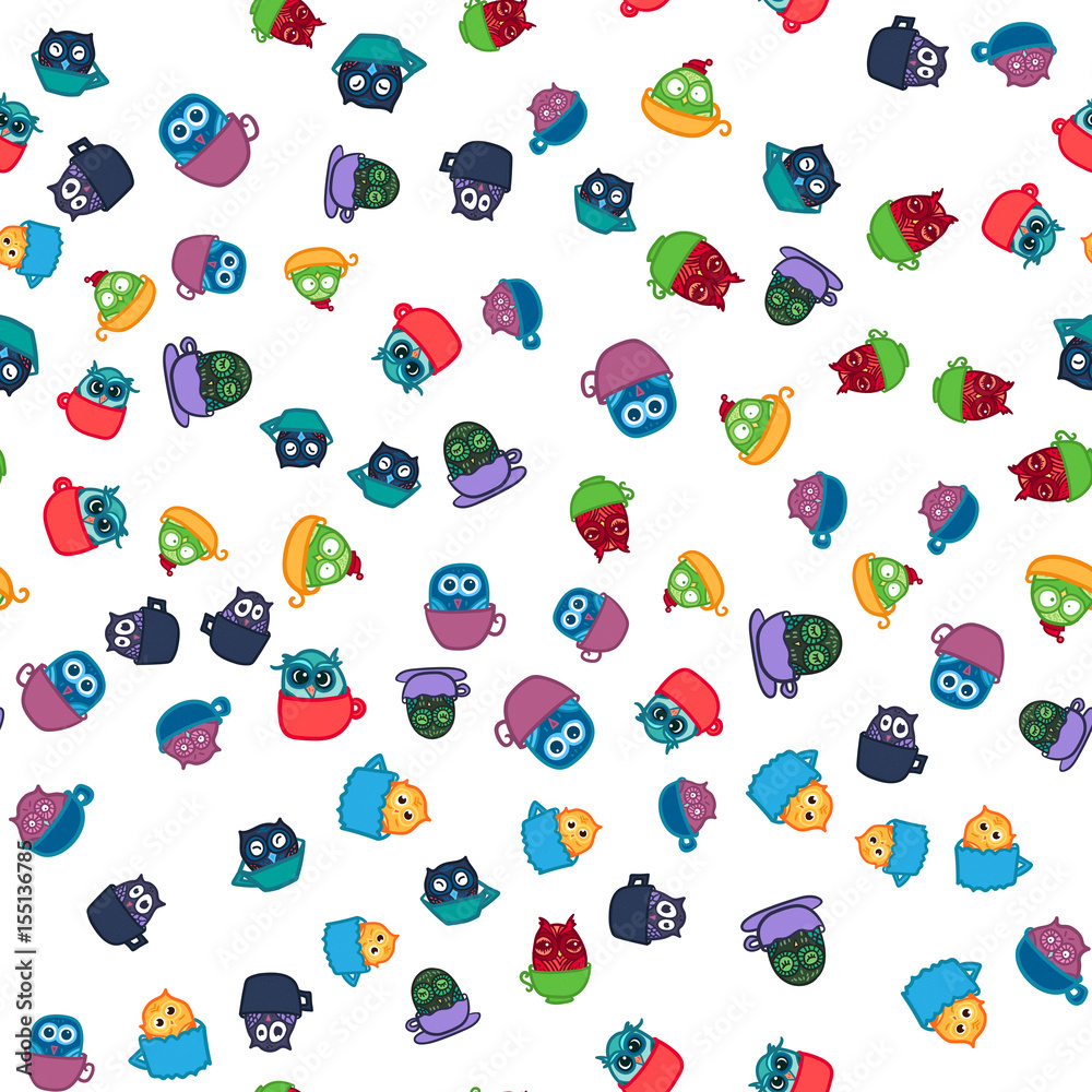 Hand Drawn Funny Owl in Cup. Owls seamless pattern for print, fabric, wrap and illustration, game, web and children's items. Good morning or good night. Vector