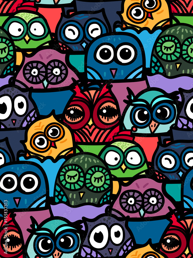 Hand Drawn Funny Owl in Cup. Owls seamless pattern for print, fabric, wrap and illustration, game, web and children's items. Good morning or good night. Vector