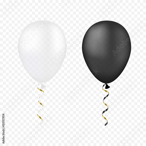 Naklejka Vector white and black balloons on a transparent background. 3d realistic happy holidays flying air helium balloon.