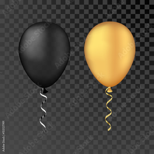 Naklejka Vector gold and black balloons on a transparent background. 3d realistic happy holidays flying air helium balloon.