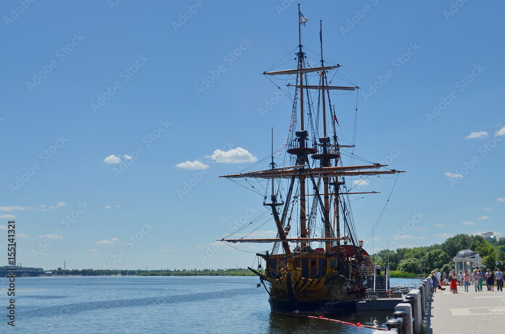 VORONEZH, RUSSIAN FEDERATION - JUNE 13, 2015: Replica of the Goto Predestination, literally The Providence of God (designed of Peter the First)- Russian sailing Full rigged linear ship, built in 2014. VORONEZH, RUSSIAN FEDERATION - JUNE 13, 2015: Replica of the Goto Predestination, literally The Providence of God (designed of Peter the First)- Russian sailing Full rigged linear ship, built in 2014.