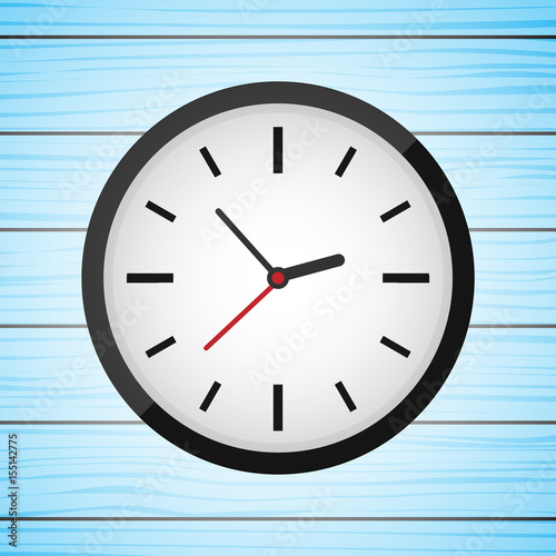 Clock on blue wooden background. Vector illustration.