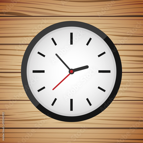 Clock on wooden background. Vector illustration.