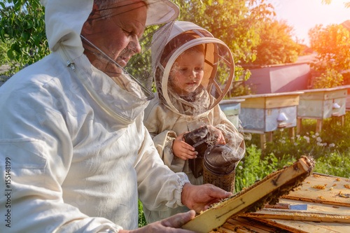 Experienced beekeeper grandfather teaches his grandson caring for bees. Apiculture. The concept of transfer of experience.