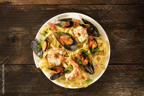 Seafood pasta dish with mussels and shrimps