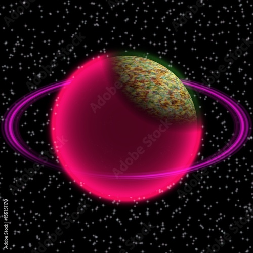 Fototapeta Naklejka Na Ścianę i Meble -  Shinning planet in far uniferse. Abstract planet with colorful ring somewhere
