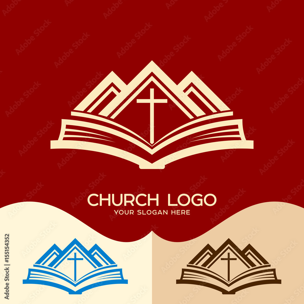 Church logo. Cristian symbols. Cross of Jesus, the Bible and the mountains