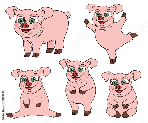 Set of cute cartoon pig on various positions