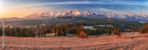 Morning panorama of Tatra Mountains in early spring, Poland