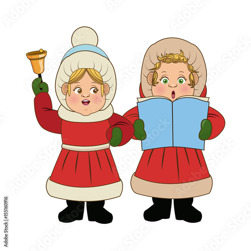 cartoon woman christmas caroling with song book and bell vector Illustration