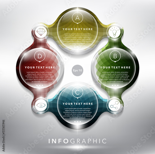 Abstract info graphic with circle elements. 4 parts concept. Can be used for workflow layout, banner, number options, step up options, diagram, web design. Vector illustration. Eps10.