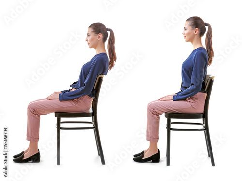 Rehabilitation concept. Collage of woman with poor and good posture sitting on chair against white background photo