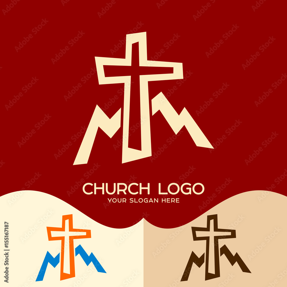 Fototapeta premium Church logo. Cristian symbols. Cross of Jesus and mountains