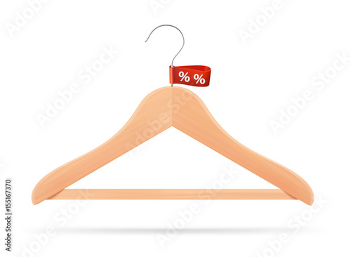 Wood clothes hanger with discount tag isolated on white background. Vector illustration