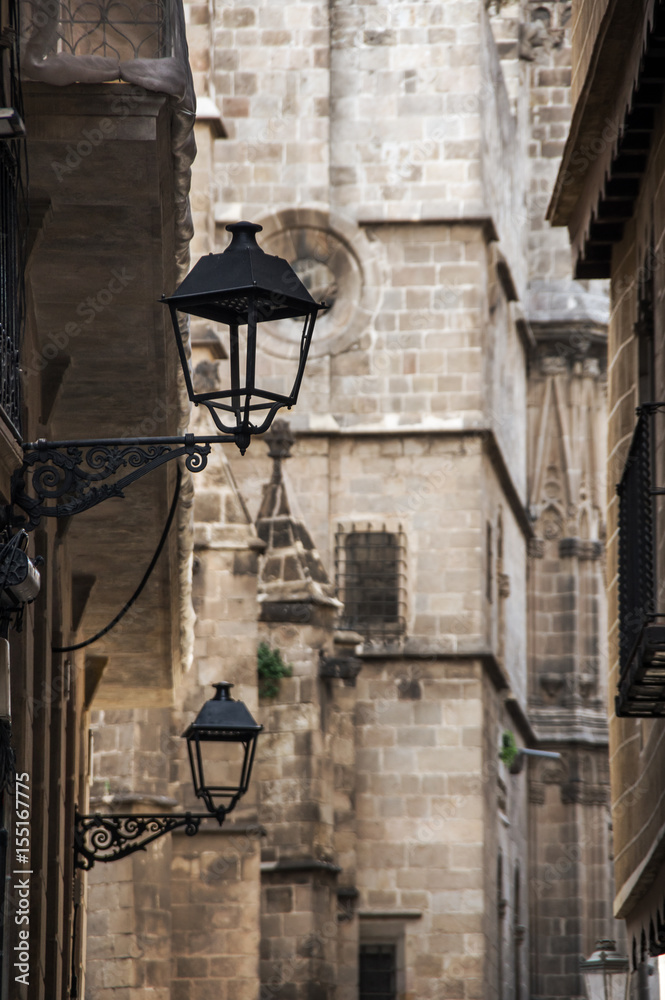 Narrow street in gothic quarter of Barcelona