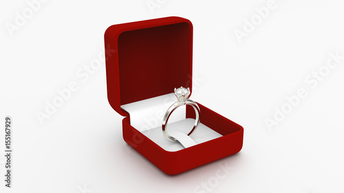 3D illustration silver gold ring with a diamond in a red box