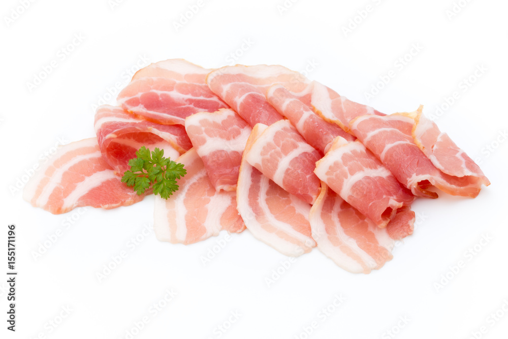 Bacon isolated on white background. Delikatese food.